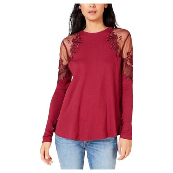Free People Wine Daniella Lace Embroidered Illusion Shoulder Long Sleeve Top S - Picture 1 of 7